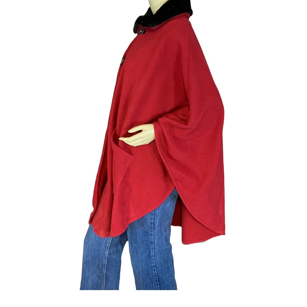 LE MODA RED FLEECE W/BLACK FAUX FUR COLLAR PONCHO (OSFM) - Picture 5 of 13